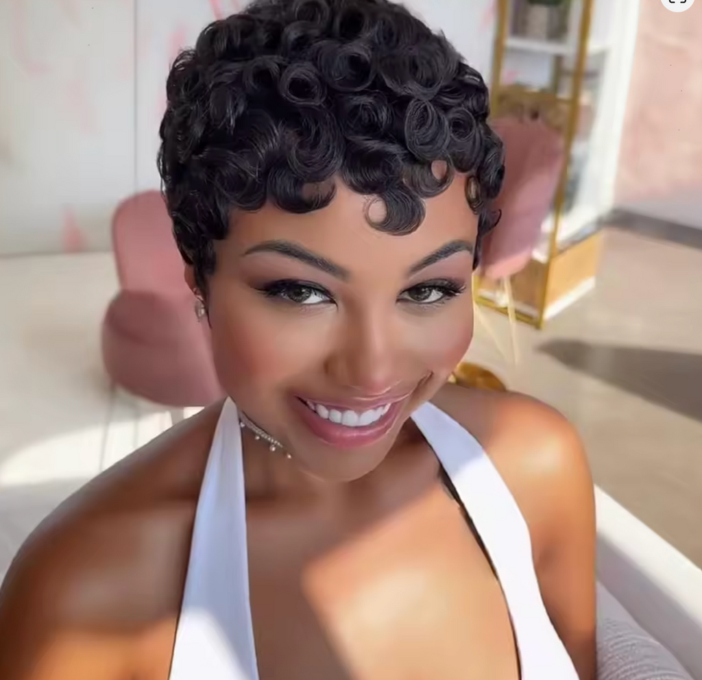 6 inch Short Pixie Cut Curly Wig – Glueless Human Hair Wig With Bangs