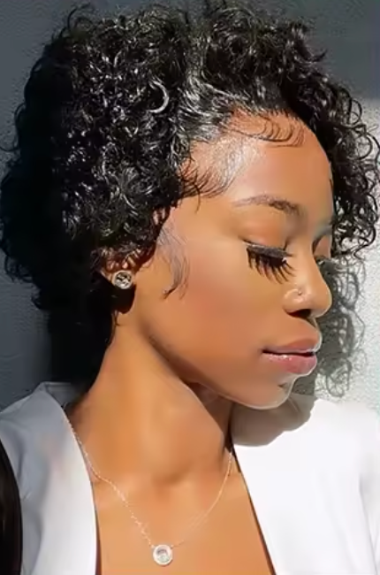 8 Inch Short Kinky Curly Pixie Cut Wig – Transparent Lace Front Human Hair Wig