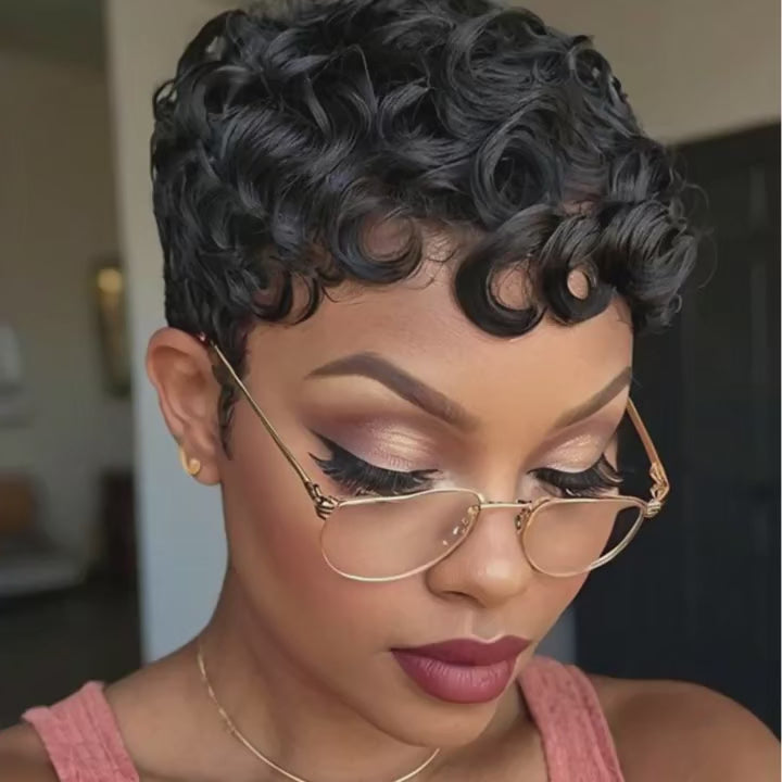 6 inch Short Pixie Cut Curly Wig – Glueless Human Hair Wig With Bangs